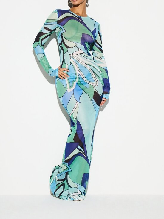 Dresses & Skirts - Multicolor Casual Women's Abstract Print Bodycon Long Sleeve Maxi Dress